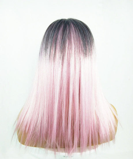 Long Straight Black Gradient LightPink Wig Headgear