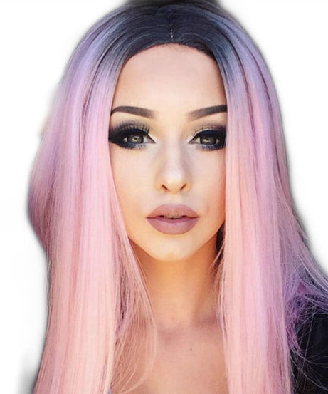 Long Straight Black Gradient LightPink Wig Headgear
