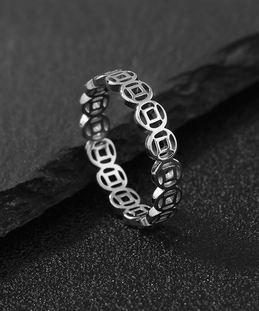 Stainless Steel Hollow Lucky Copper Coin Index Finger Ring Retro Couple Ring