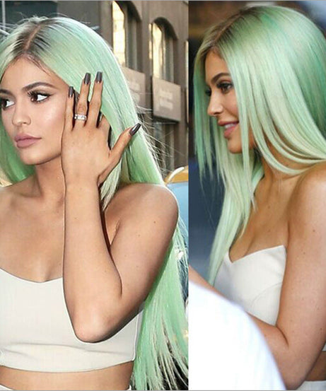 Mint Green Wig, Long Straight Hair, Black And Green Dyed Gradient Chemical Fiber Headgear