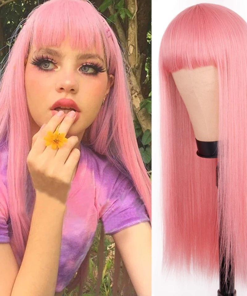 Orange Wig Female Long Straight Hair Dyed Long Hair Synthetic Headgear