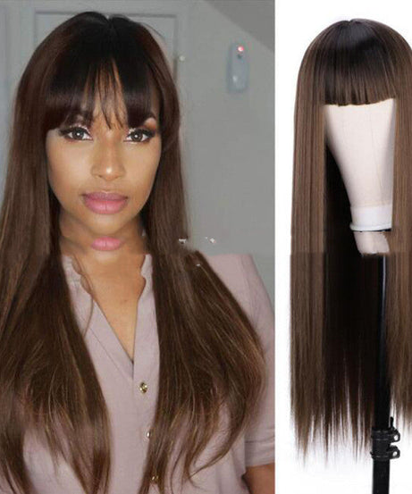 Orange Wig Female Long Straight Hair Dyed Long Hair Synthetic Headgear