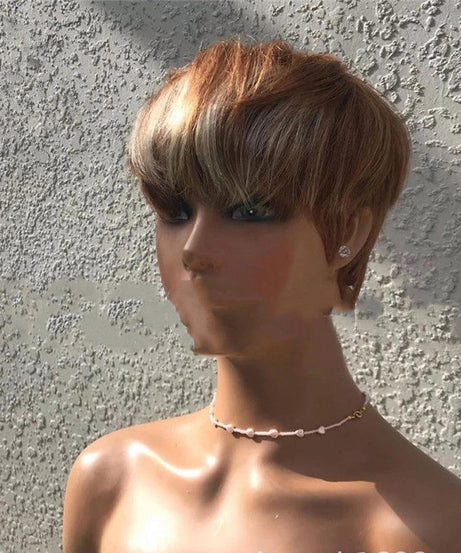 Short Hair Wigs, Brown Highlights, Golden Hair