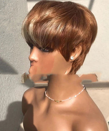 Short Hair Wigs, Brown Highlights, Golden Hair