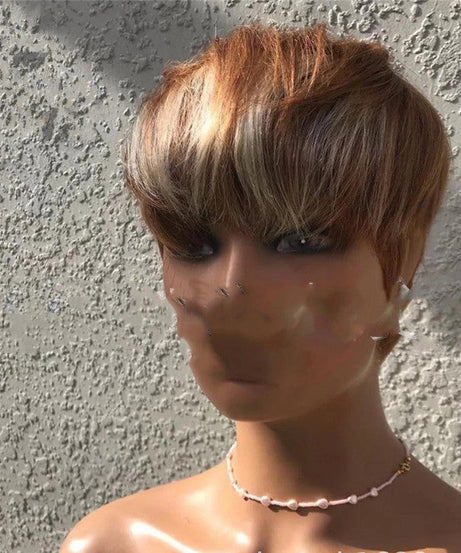 Short Hair Wigs, Brown Highlights, Golden Hair