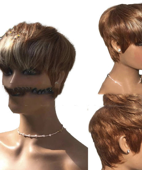 Short Hair Wigs, Brown Highlights, Golden Hair