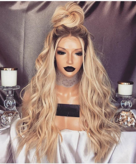 Foreign Trade Dyed Wigs, Ladies Mid-length Curly Hair, European And American Fashion Chemical Fiber Hair Black Golden Yellow Gradient Chemical Fiber Wig