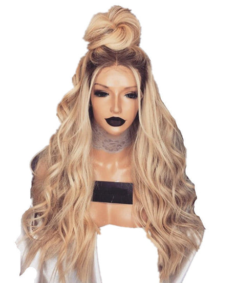 Foreign Trade Dyed Wigs, Ladies Mid-length Curly Hair, European And American Fashion Chemical Fiber Hair Black Golden Yellow Gradient Chemical Fiber Wig