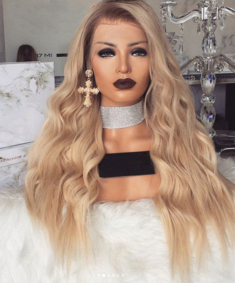 Foreign Trade Dyed Wigs, Ladies Mid-length Curly Hair, European And American Fashion Chemical Fiber Hair Black Golden Yellow Gradient Chemical Fiber Wig