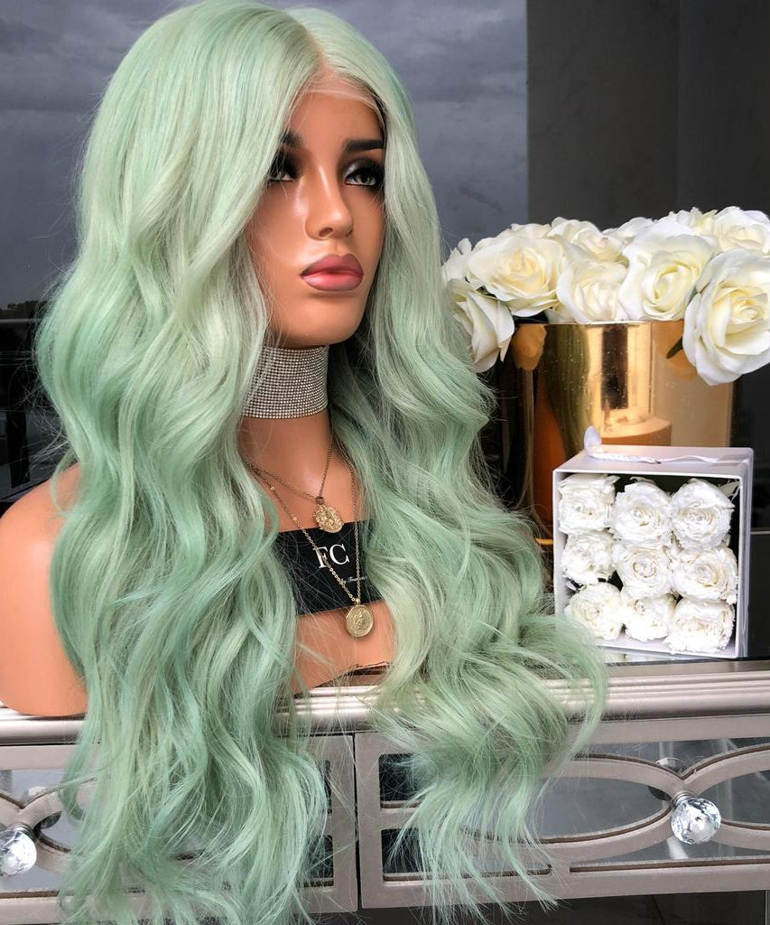 New European And American Wigs For Women Green Mid-Length Curly Hair