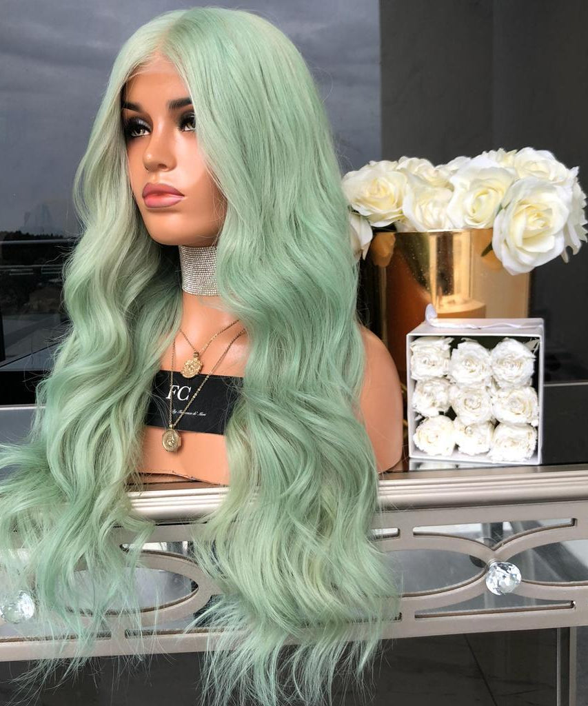 New European And American Wigs For Women Green Mid-Length Curly Hair