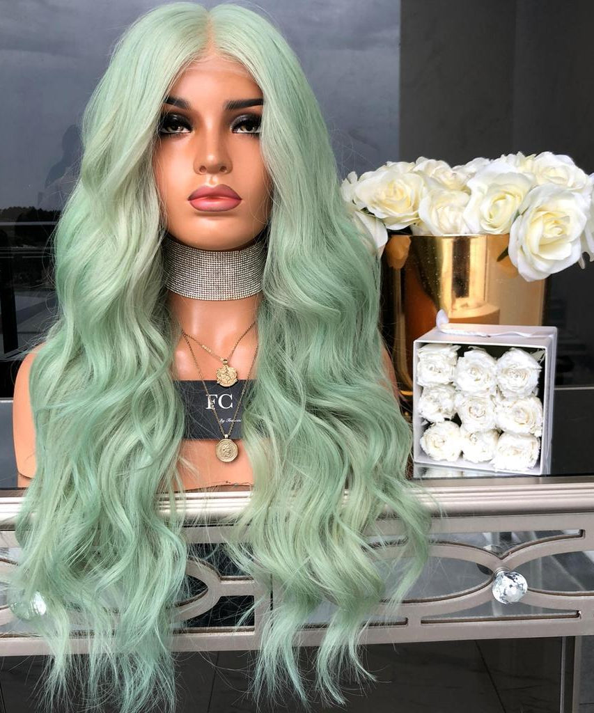New European And American Wigs For Women Green Mid-Length Curly Hair