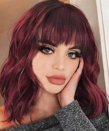 Shoulder-length Corn Curler Chemical Fiber Wine Red Short Curly Hair Human Wigs
