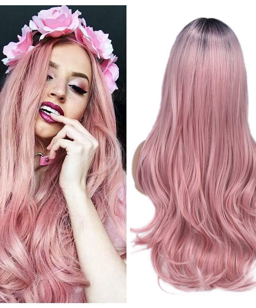 Women Blonde Ombre Hair Black Root Long Curly Wigs