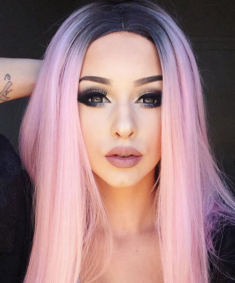 Long Straight Black Gradient LightPink Wig Headgear