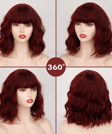 Shoulder-length Corn Curler Chemical Fiber Wine Red Short Curly Hair Human Wigs