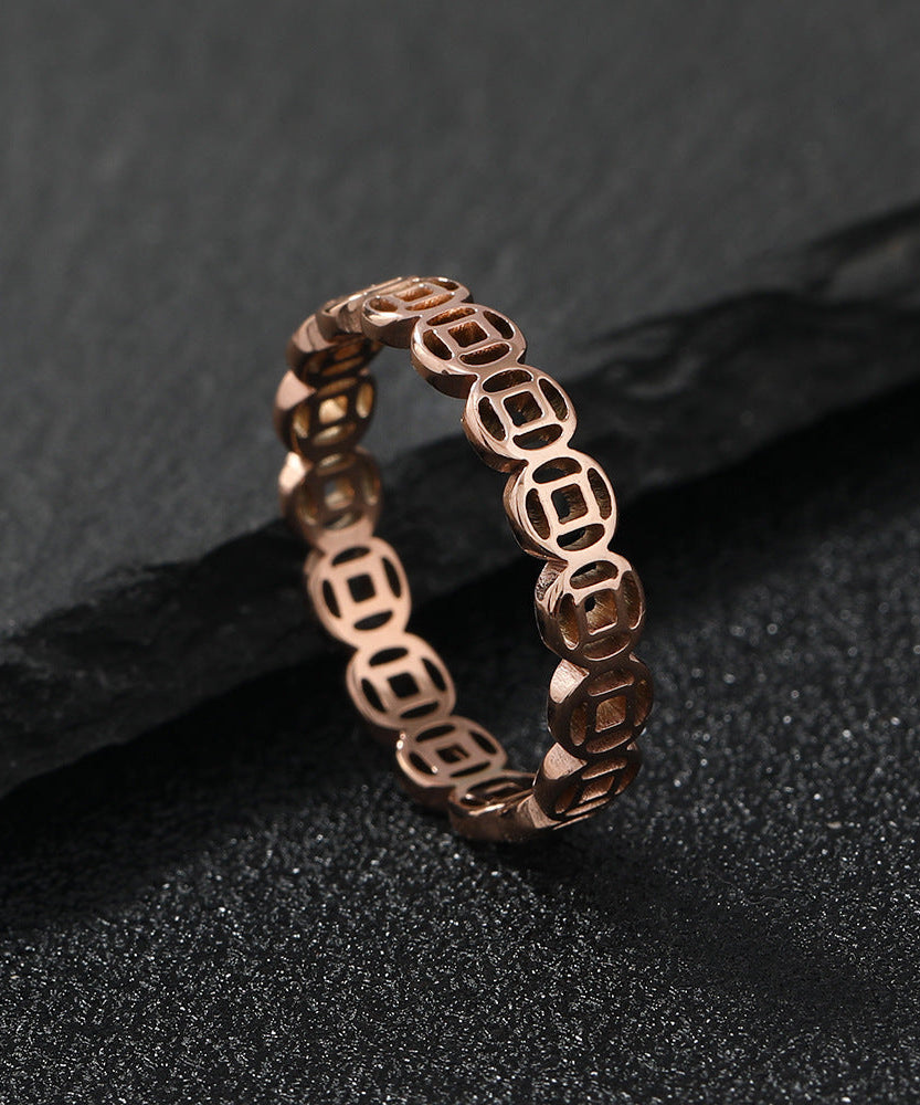 Stainless Steel Hollow Lucky Copper Coin Index Finger Ring Retro Couple Ring