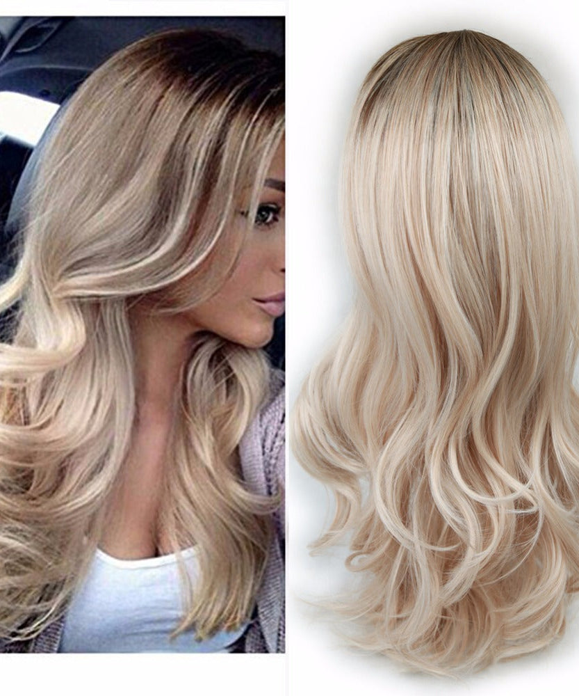 Women Blonde Ombre Hair Black Root Long Curly Wigs