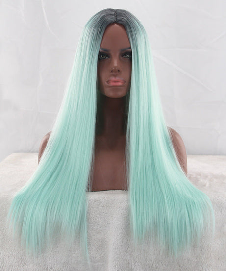Mint Green Wig, Long Straight Hair, Black And Green Dyed Gradient Chemical Fiber Headgear