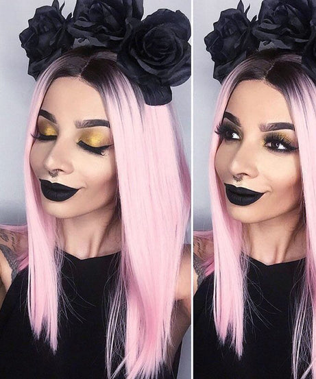Long Straight Black Gradient LightPink Wig Headgear