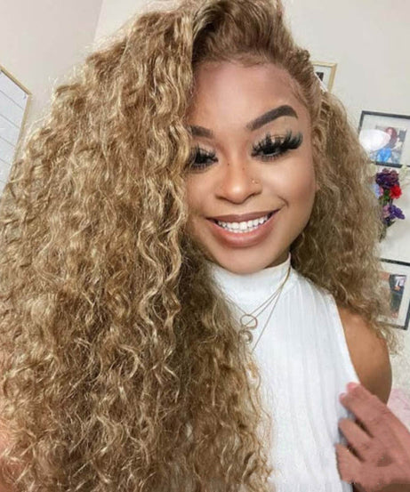 Women's Side Parted Brown Long Curly Corn Perm Wig