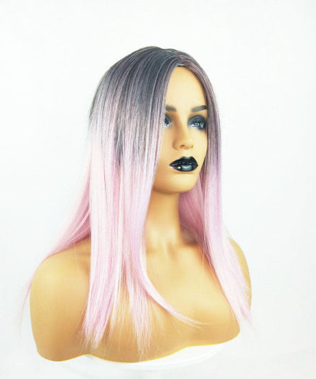 Long Straight Black Gradient LightPink Wig Headgear