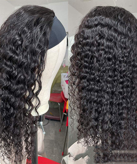 Long Curly Hair With Headgear Natural Color Full Real Hair Turban Wig Cover