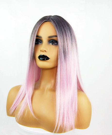Long Straight Black Gradient LightPink Wig Headgear