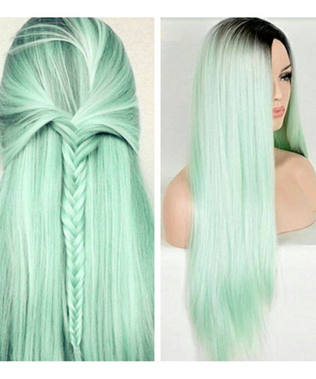 Mint Green Wig, Long Straight Hair, Black And Green Dyed Gradient Chemical Fiber Headgear
