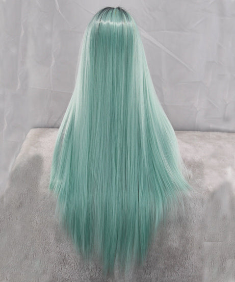Mint Green Wig, Long Straight Hair, Black And Green Dyed Gradient Chemical Fiber Headgear