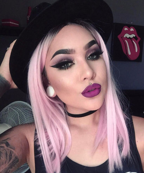 Long Straight Black Gradient LightPink Wig Headgear