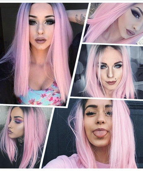 Long Straight Black Gradient LightPink Wig Headgear