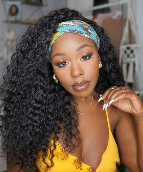 Long Curly Hair With Headgear Natural Color Full Real Hair Turban Wig Cover